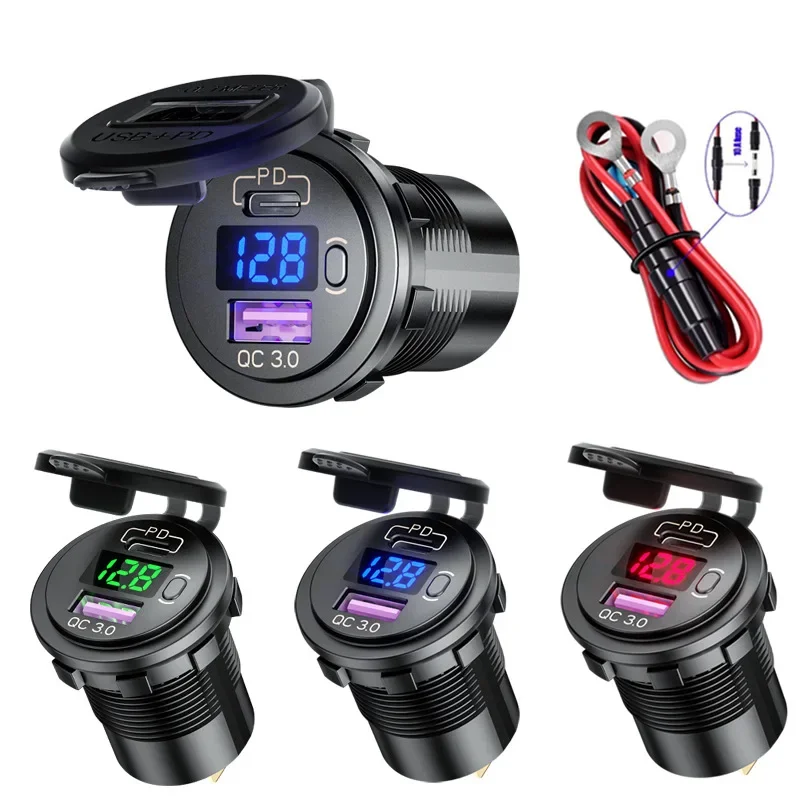 

PD Type C QC 3.0 USB Car Quick Charger Power Outlet Socket with ON/Off Switch and LED Voltmeter for Motorcycle Marine RV ATV