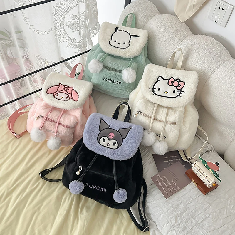 

Sanrio Plush School Bag Kawaii Furry Shoulder Bag Simple All-match Handbag Cute Fluffy Satchel Tote Short Trip Backpack For Girl