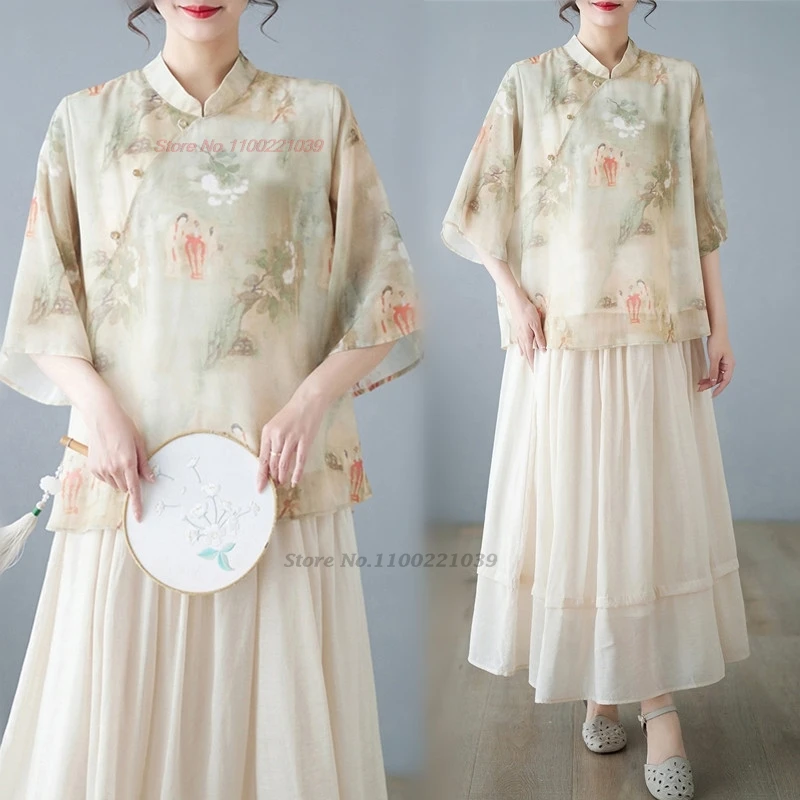 

2024 traditional chinese vintage blouse national flower print improved qipao blouse oriental retro hanfu tops tea service hanfu