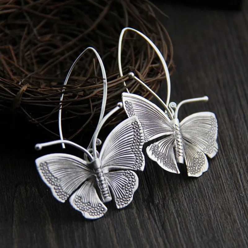 

Hand Carved Big Dangle Earrings for Women Jewelry Ancient Vintage Silver Color Metal Butterfly Earrings