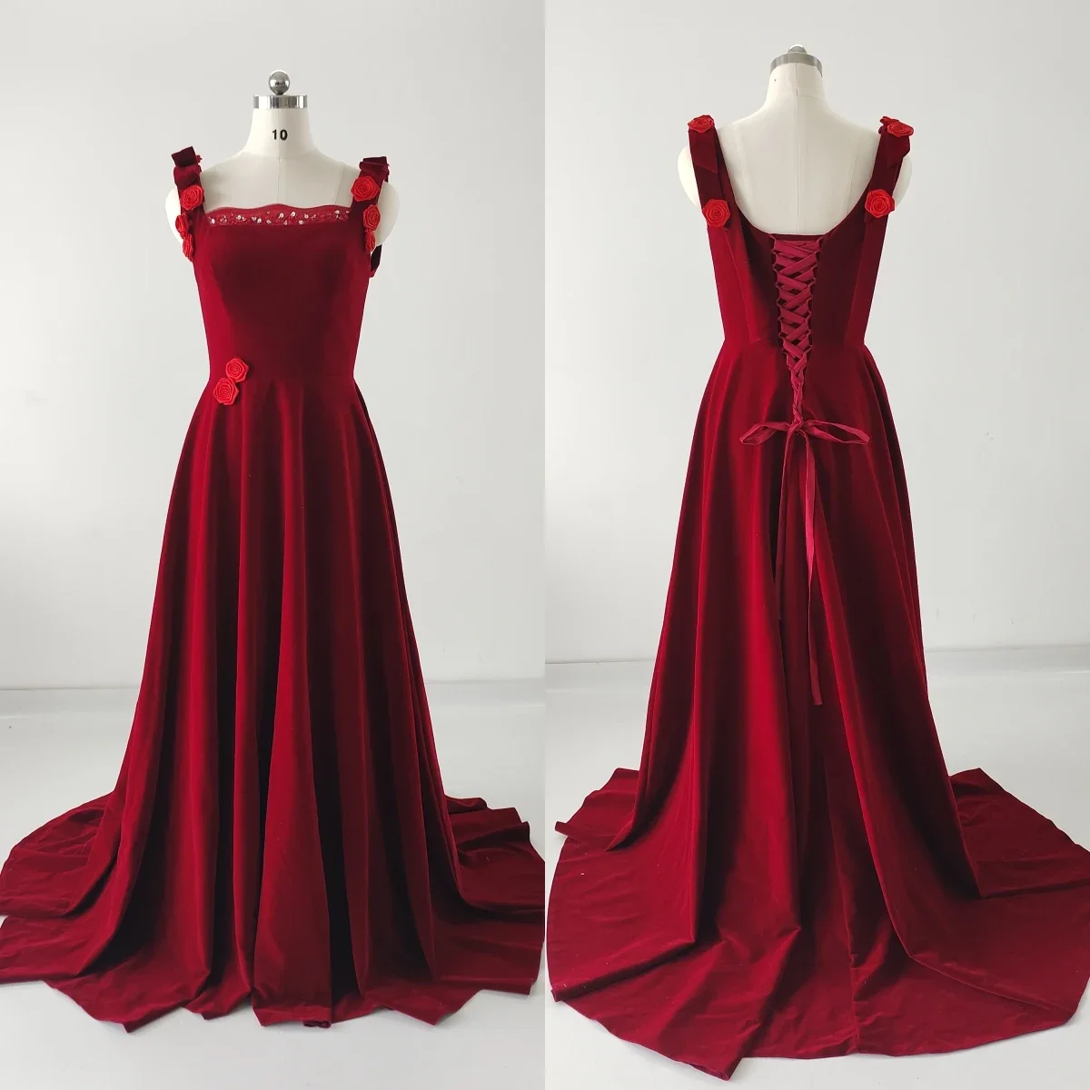 

Real Phot Evening Dresses Burgundy Velvet Beading Rose Floor-Length Lace Up A-Line Trailing Plus size Party Formal Gown Woman