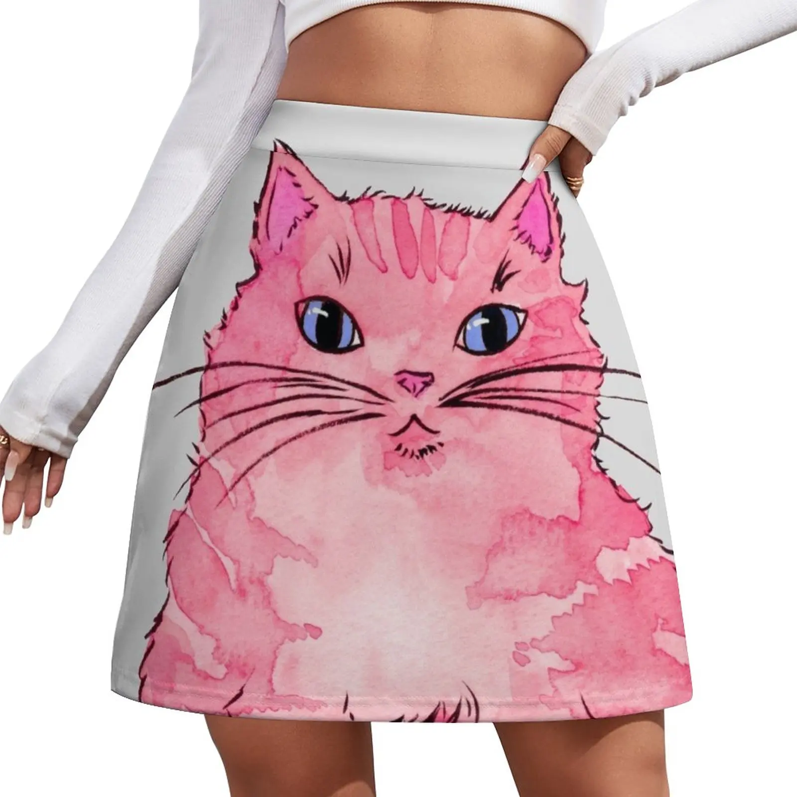 

Fluffy Pink Cat in Watercolor and Ink Mini Skirt korean style clothing summer skirts korean style clothes women 2023