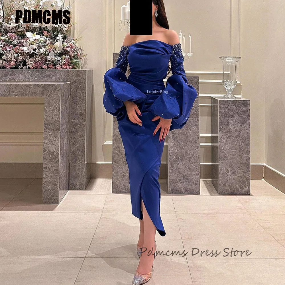 

PDMCMS Arabic Royal Blue Short Evening Dresses Off Shoulder Long Sleeve Pearls Formal Party Dress Night Prom Gown Robe de soiree