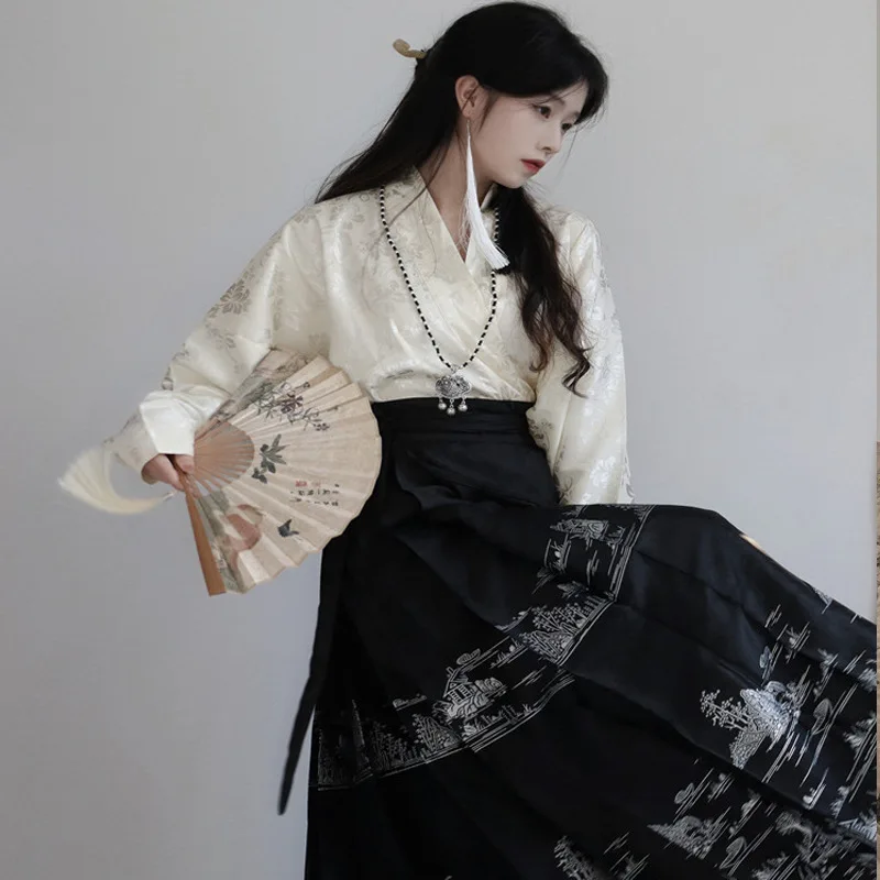 Yourqipao Modern White Jacquard Long Sleeve Shirt Black Horse Face Skirt Hanfu Suit Female Chinese Style Party Fairy Dresses
Yourqipao Modern White Jacquard Long Sleeve Shirt Black Horse Face Skirt Hanfu Suit Female Chinese Style Party Fairy Dresses