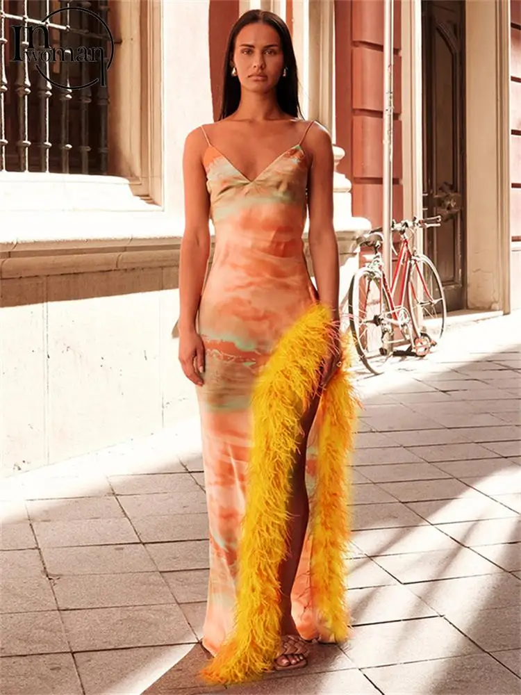 

Inwoman Orange Print Backless Long Dress Party Evening For Women 2023 Sexy Spaghetti Strap Maxi Dress Slit Ostrich Feather Dress