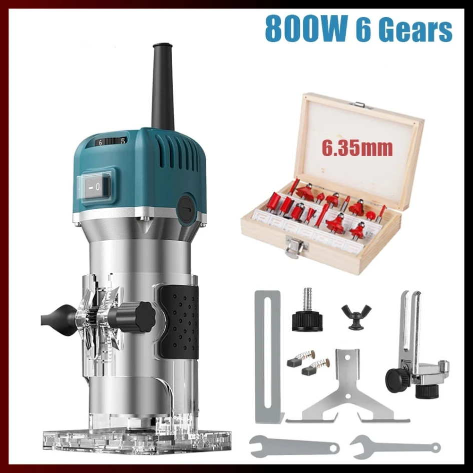 

220V/110V 800W Woodworking Electric Trimmer Wood Router Milling Machine 6-Gears Engraving Slotting Carpentry Trimming Tool