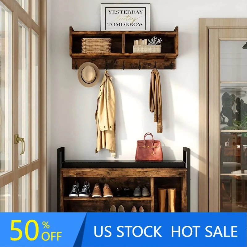 Industrial Entryway Hall Tree Garment Coat Rack with Shoe Bench, Storage Shelves and 7 Hooks for Hallway, Living Room, Bedroom
Industrial Entryway Hall Tree Garment Coat Rack with Shoe Bench, Storage Shelves and 7 Hooks for Hallway, Living Room, Bedroom
