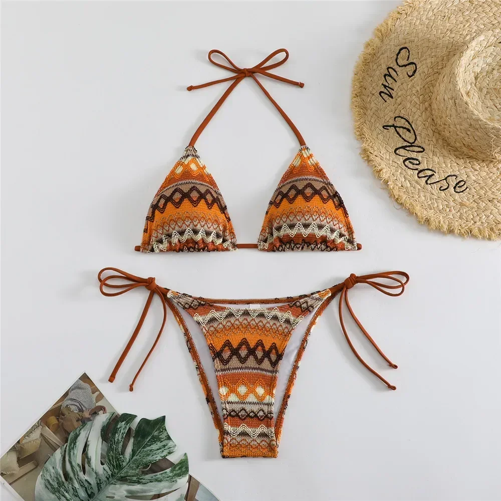 Geometry Knitted Triangle Micro Bikini Thong Mujer String Halter
