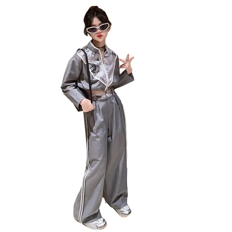 

Fashion Teen Girls Outfits New Print Design Top+Wide Leg Pants Two Pieces 2024 Children Clothes Set Casual Sport Kids Tracksuits