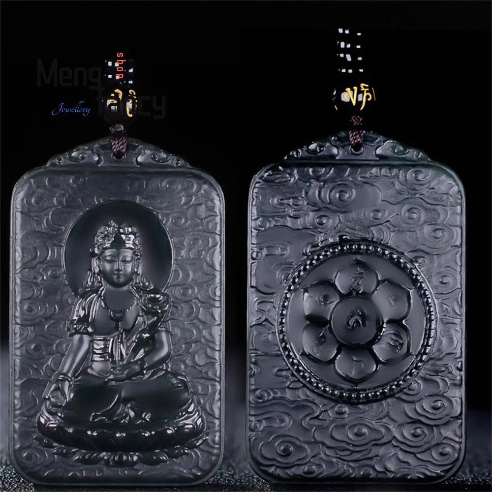 

Natural Hetian Green Jade Double-sided engraving Ruyi Goddess of Mercy Pendant Exquisite Luxury Fashion Jewelry Buddhist Amulets