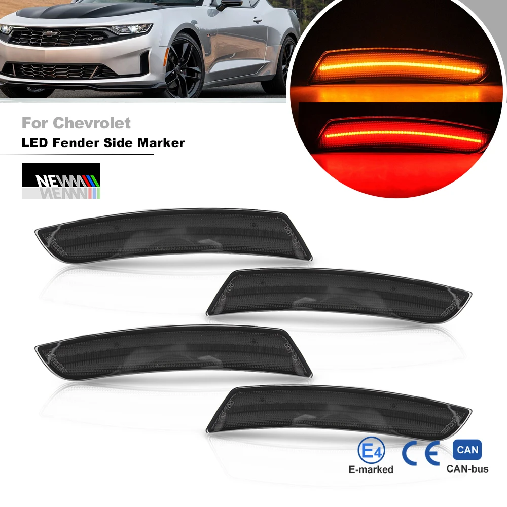 

Smoked Lens Front & Rear Amber/Red Led Side Marker Lights For Chevrolet Chevy Camaro 2016 2017 2018 2019