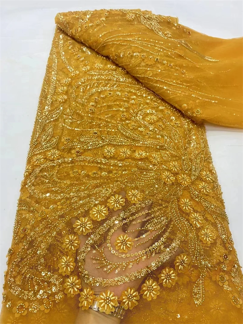 

African Beaded Lace Fabric for Wedding Dresses, Dubai Sequined Mesh Tulle, Handmade Crystal Gold, 5 Yards, High Quality, 2024
