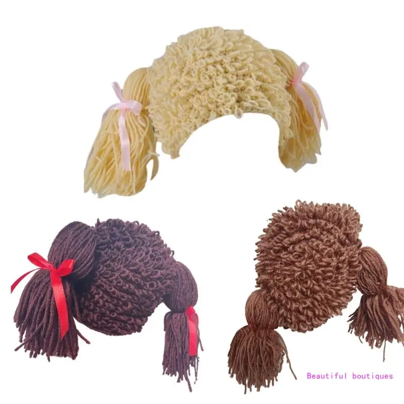 

Kid Pigtail Wig Hair Pigtail Curly Wig Cap Handmade Woolen Yarn Braid Wig Hat Crochet Wig Cap Girl Photography DropShip