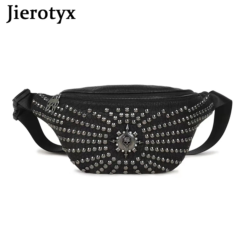 

JIEROTYX Womens Black Studded Bags Faux Leather Waist Bag Fanny Pack Y2K Money Bum Bag Hip Belt Gothic Style Vintage Rivet