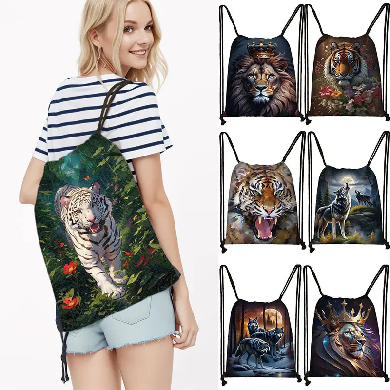 

Howling Wolf Under The Moonlight Print Backpack Lion with Crown Colorful Tiger Drawstring Bags For Teenager Outdoor Bookbag Gift