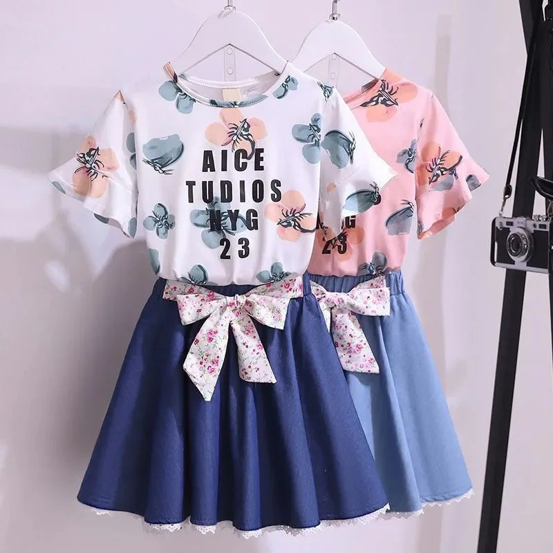 

Girls Set 2024 Summer Child Short Sleeve T-Shirt +Skirts 2Pcs Sets Kids Casual Outfits Teen Girl Clothing 4 To 12 Years Old