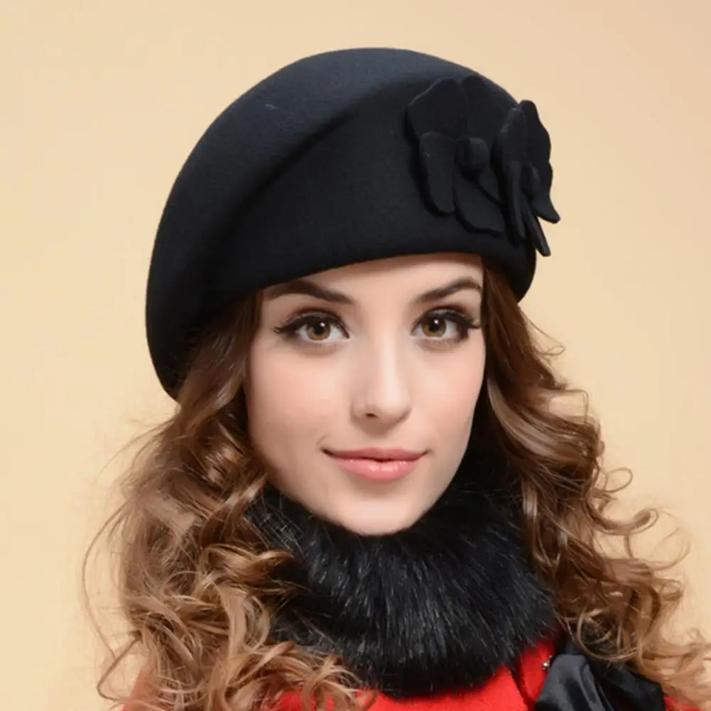 

Beret Hat Dual Flowers Decor Elegant Classic Plain Soft Keep Warm Solid Color Autumn Winter Women French Artist Cap