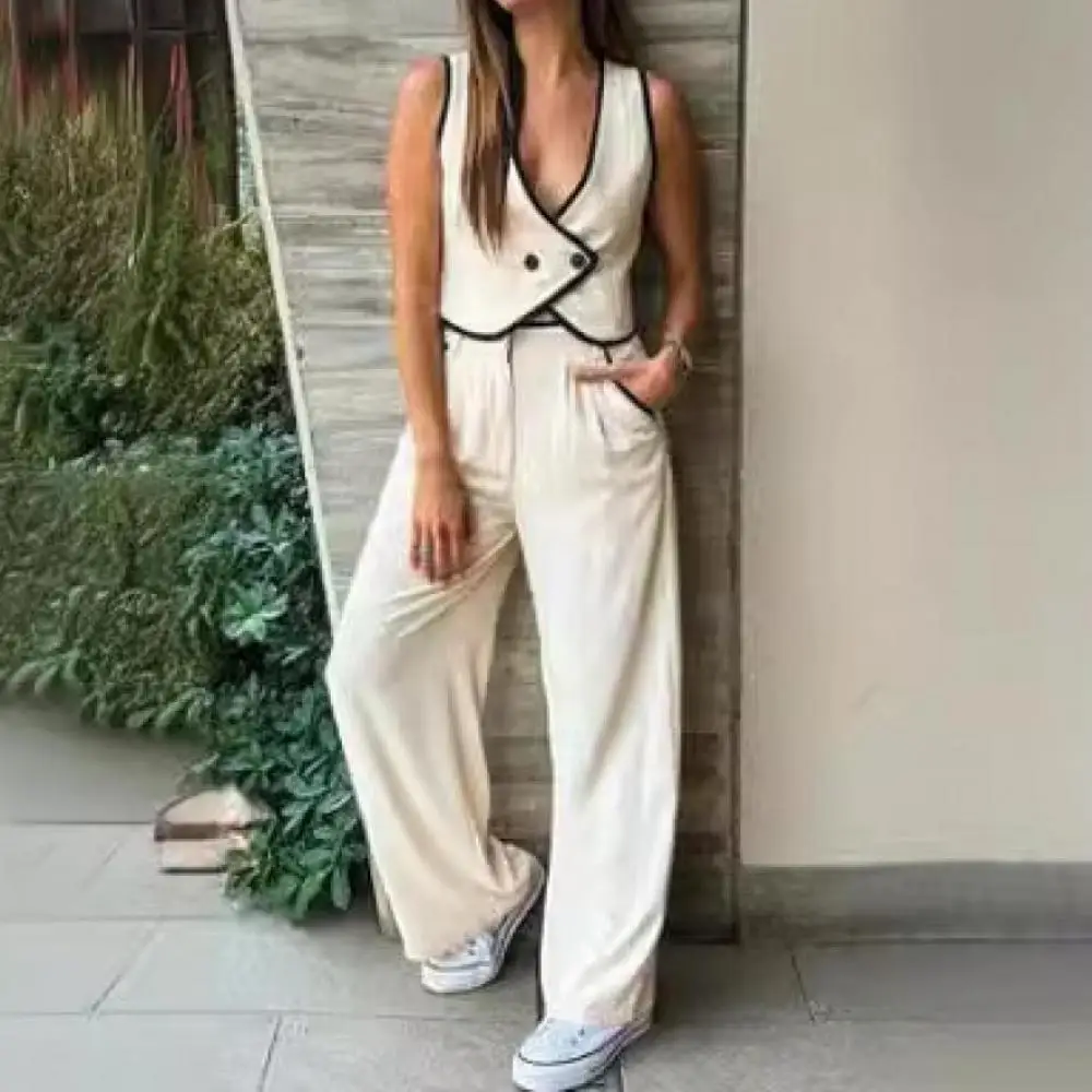 

Women Elegant Patchwork Waistcoat Pants Suits Single Breasted Sleeveless Vest Wide Leg Trousers Sets 2024 New Lady 2 Pieces Set