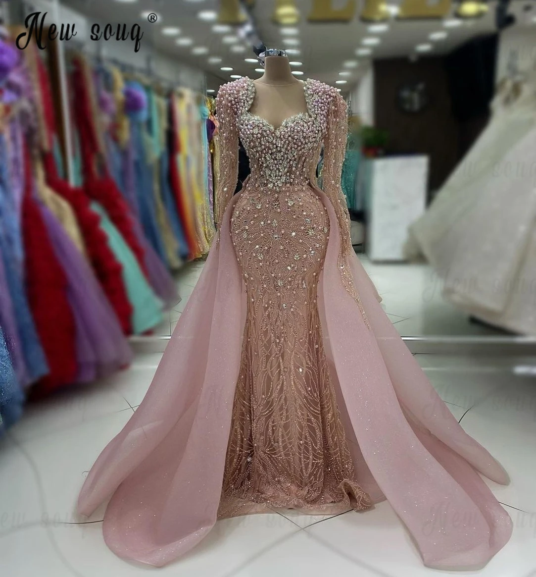 

2024 Pink Pearls Long Evening Dress With Detachable Train Dubai Formal Prom Dresses Lace Appliqued Wedding Party Gowns Custom