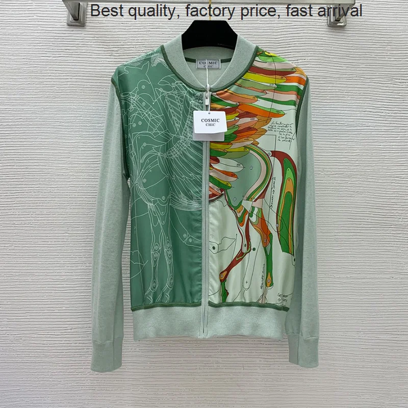 

High quality luxury brand 2023 Spring Elegant Green Silk Wool Splicing Cardigan Women Runway O-neck Zip Knitted Long Sleeve Swea
