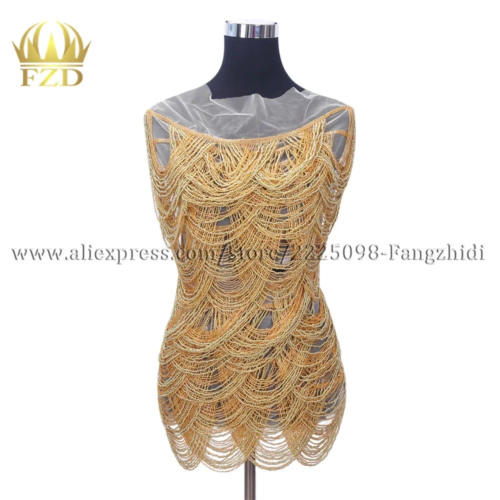 

FZD 1 Piece Front Design Gold Beaded Tassel Bodice Patches Golden Beads Fringe for Wedding Dresses DIY Decorative Clothes