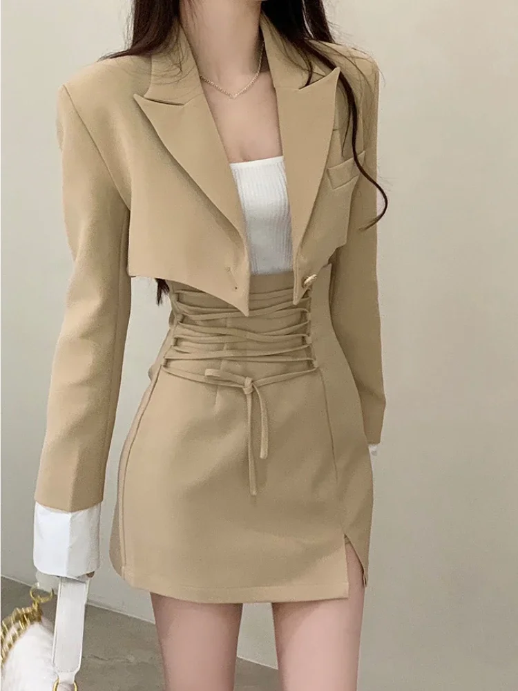 

Jielur Khaki Autumn Blazers 2 Piece Dress Set Women Korean Fashion Suits Casual Y2k Crop Tops Slim Waist Elegant Lady Mini Dress