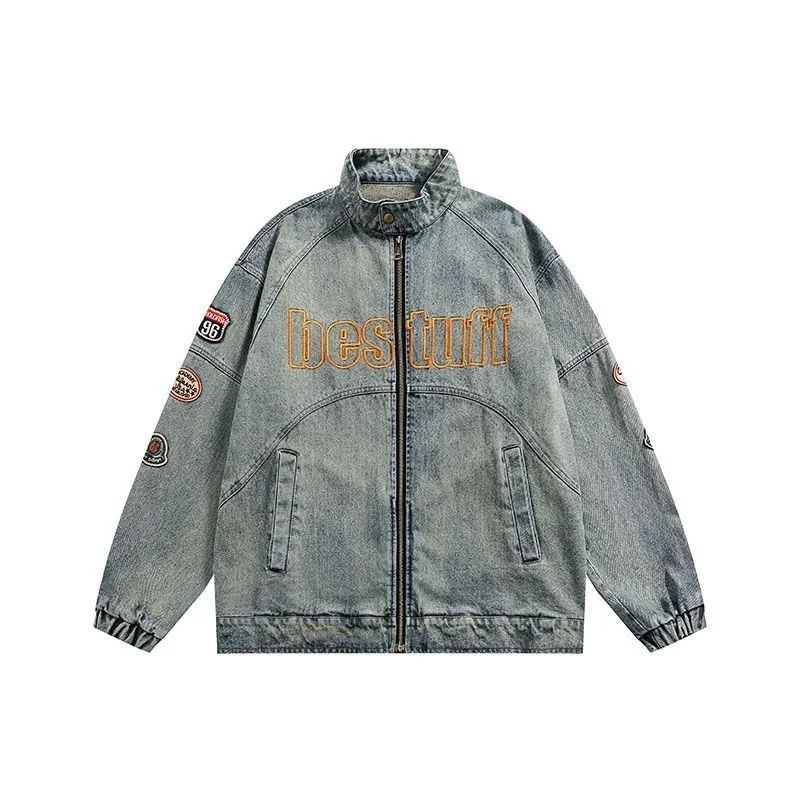 

American Letter Embroidery Motorcycle Denim Jacket For Men Women Ins Bomber Coat Brand Summer Washed And Worn Jean Jacket