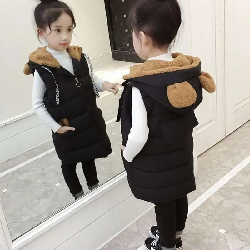 

Winter Warm Girls Plain Cartoon Hooded Zipper Fleece Lined Long Vest Jackets Child Waistcoat School Kids Outfit Tops 3-14 Years