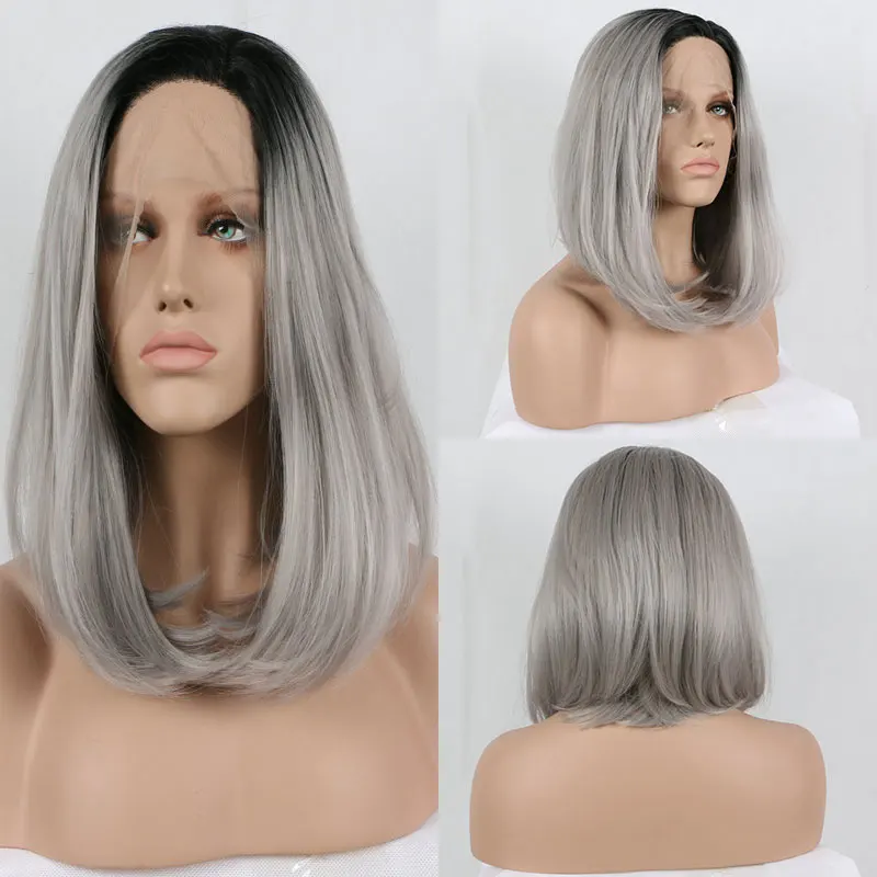 

Bombshell Glueless Synthetic 13X4 Lace Front Wig Bob Pre Plucked Hairline Ombre Grey High Quality Heat Resistant Fiber For Women