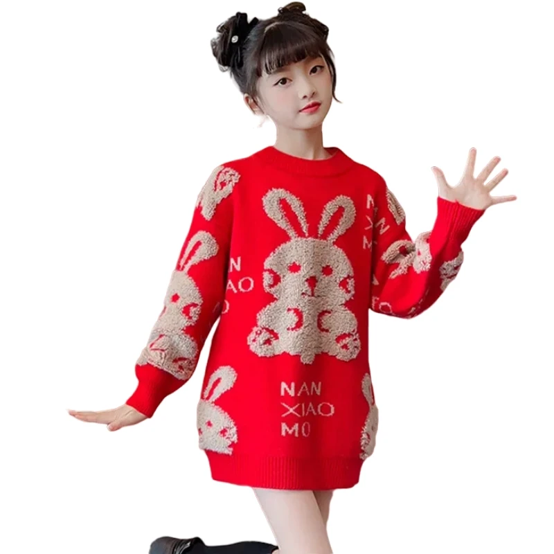

2023 Рождество, Новый Год, 110-170 см, семейная Одинаковая одежда, наряды для подростков и девочек, вязаный красный свитер с кроликом для мамы и дочери