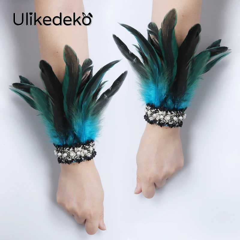 

Rave Party Feather Gloves Gothic Feather Wrist Cuffs Steampunk Accessories Winter Cuffs Fake Sleeves Stage Showgirl Pole Dance