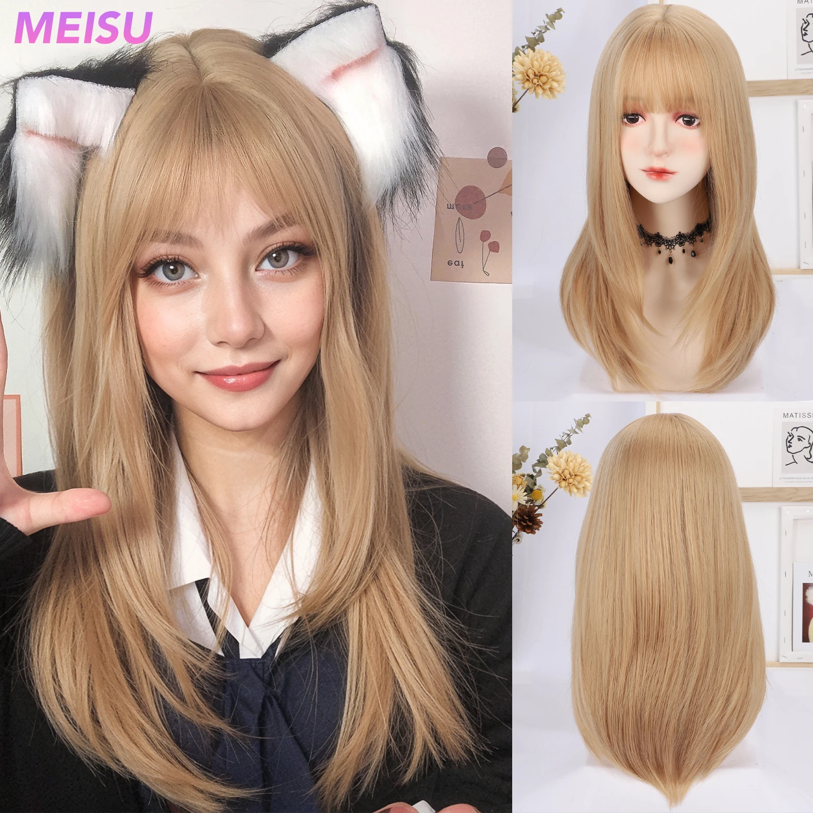 

MEISU 22 Inch Long Straight Bangs Wig Fiber Synthetic Wig Heat-resistant Non-Glare Natural Cosplay Hairpiece For Women Daily Use