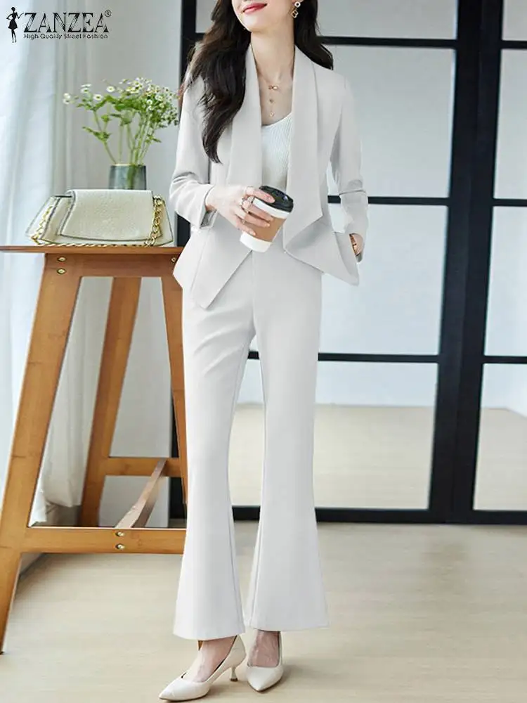 

Весенний винтажный Городской Спортивный костюм ZANZEA, корейские модные подходящие комплекты с длинным рукавом, отложным воротником, блузка и брюки, элегантный офисный костюм из 2 предметов