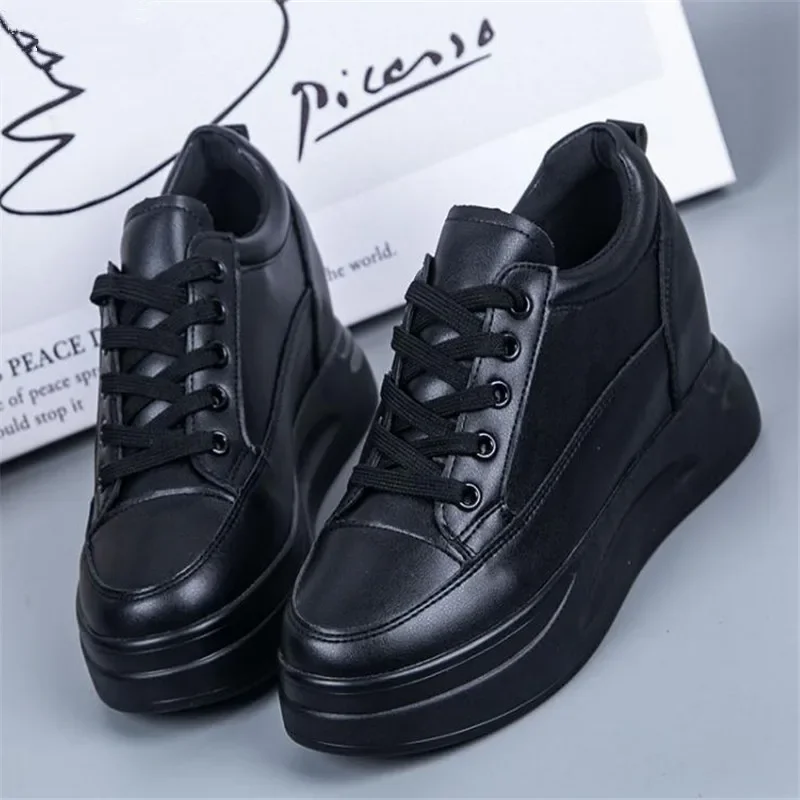 

YeddaMavis Spring New Black Hidden Heels Women Platform Wedge Sneakers Ladies Leather White Casual Shoes Female Tenis Feminino