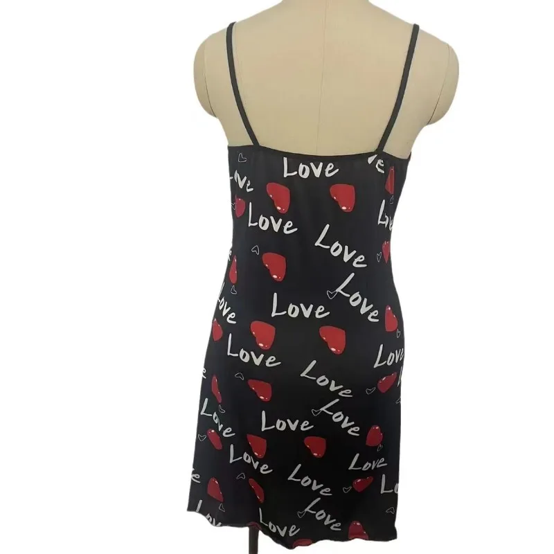 Lace Edge V-Neck Sling Side Split Sleepwear Women's Printed Love Letter Black Home Sling Dress Pajamas 6 S87fd2712389a4a31b1b30360277b4d8eP
