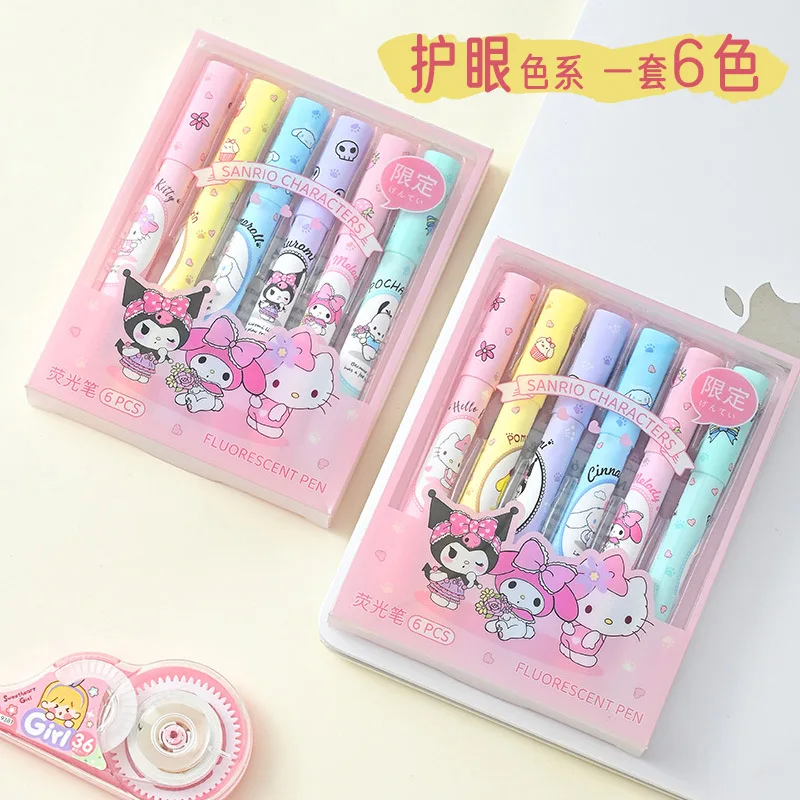 

6Pcs Sanrio Fluorescent Pen Kawaii Anime Eye Protection Colorful Marker Pen Cute Kuromi Hello Kitty Creative Stationery Gifts