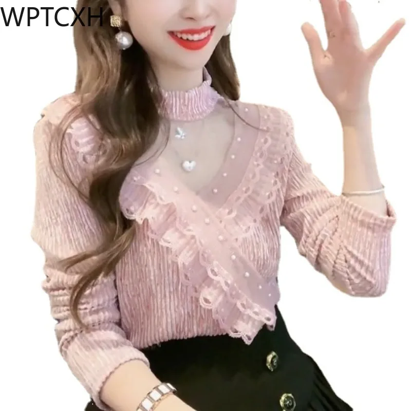 

Fashion Gauze Splicing Beading Lace Tops Elegant Female Hollow Out Blouses Long Sleeve Shirts Women Clothing Spring Autumn