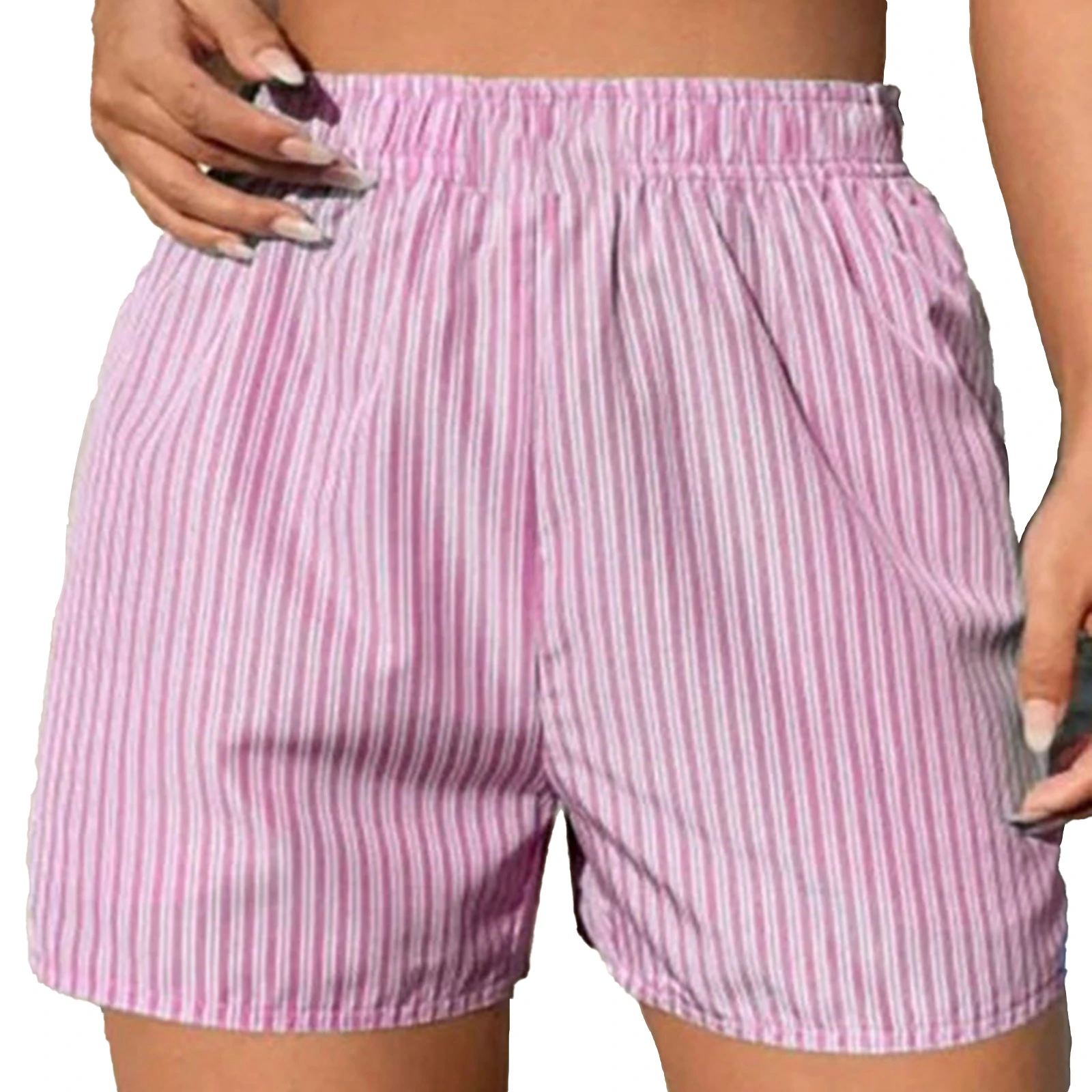 

Women Shorts High Waist Stripe Casual Bottoms Elastic Waistband Pockets Panties Shorts Homewear Loungewear Sleepwear Nightwear