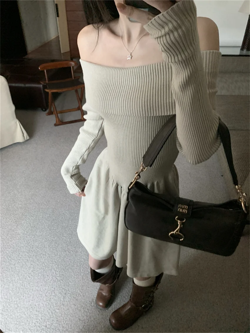 

Alien Kitty Elegant Slash Neck Dress Women Slim High Waist Off Shoulders 2024 Gentle Chic Office Lady Daily New Spring Party