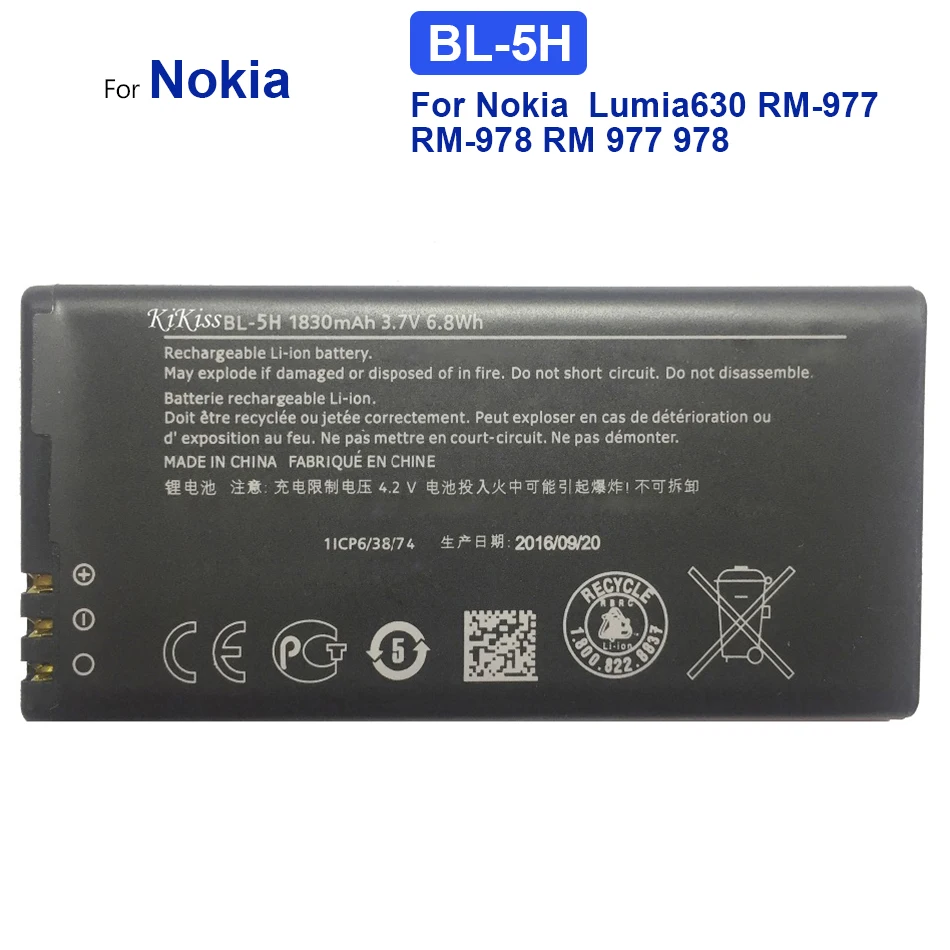 BL-5H 1830mAh Replacement Battery For Nokia Lumia 630 38 635 636 Lumia630 RM-977 RM-978 BL5H BL 5H Li-Polymer Batteries 
BL-5H 1830mAh Replacement Battery For Nokia Lumia 630 38 635 636 Lumia630 RM-977 RM-978 BL5H BL 5H Li-Polymer Batteries