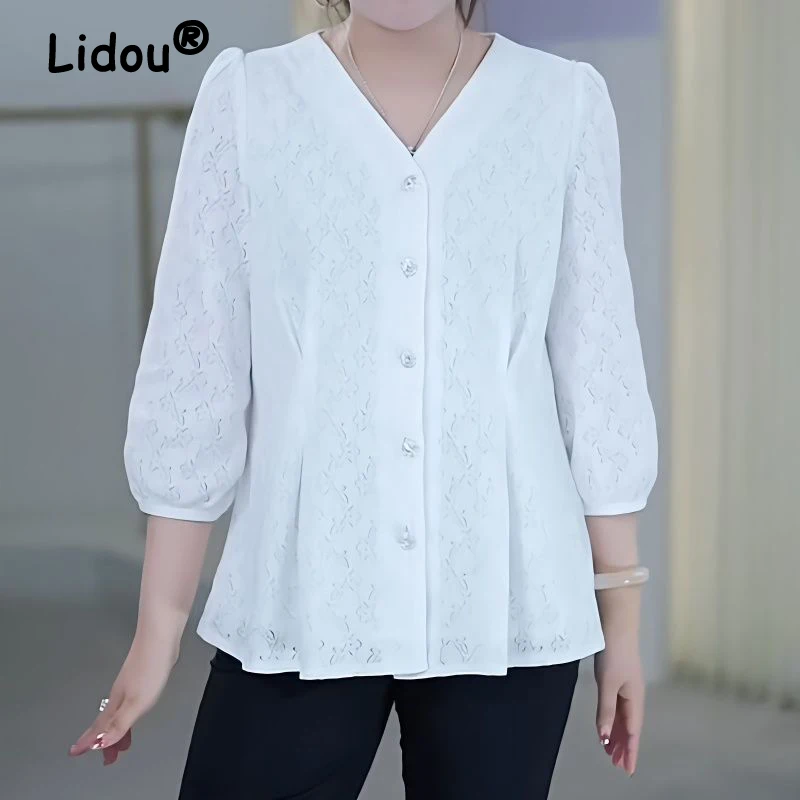 

Women Hollow Out Lace White Elegant Button Up Shirt Spring Autumn Fashion V Neck 3/4 Sleeve Blouse Ruffled Chic Slim Tops Blusas