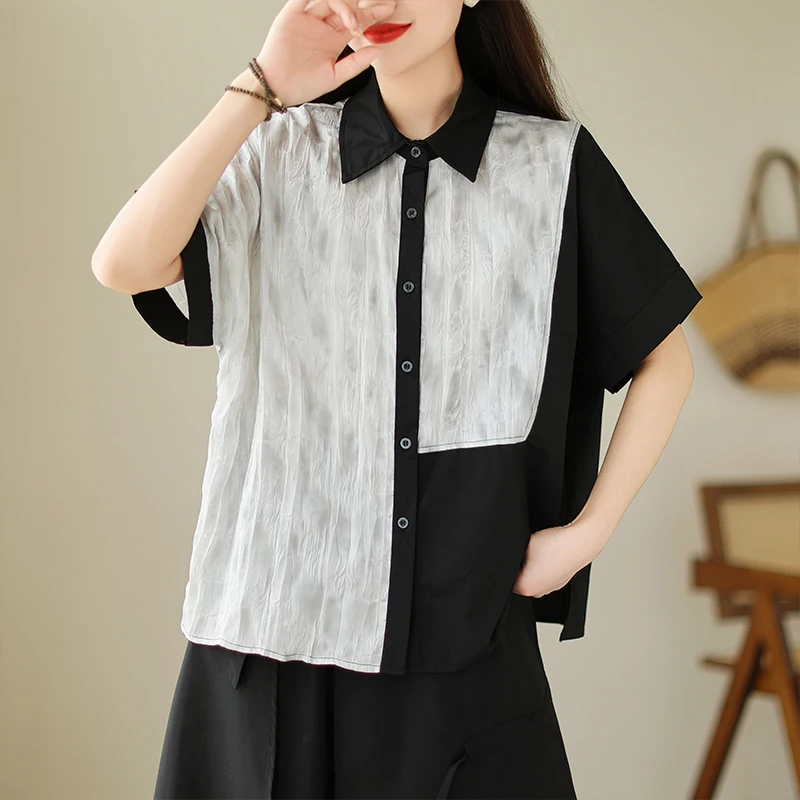 

Асимметричная женская летняя модная блузка контрастных цветов в стиле пэчворк с коротким рукавом шикарные свободные блузки женская уличная одежда модные топы