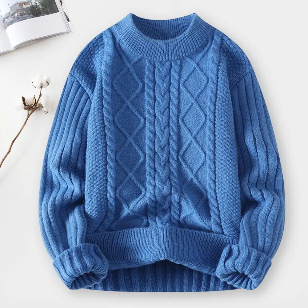 

Men Sweater Cozy Men's Winter Sweater Thick Knit Soft Round Neck Warm Stylish with Twisted Applique Elastic Anti-pilling Cold