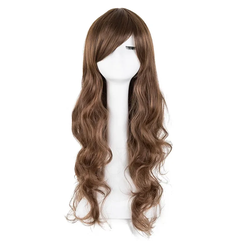 

Synthetic Heat Resistant Fiber Long Curly Oblique Fringe Bangs Hair Peruca Women Salon Party Light Brown Hairpiece