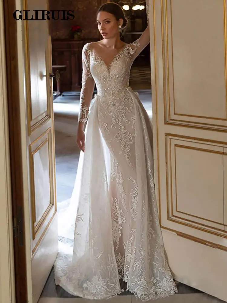 

Luxury Gorgeous Appliques Detachable Train Lace Mermaid Wedding Dress 2022 Scoop Neck Beading Long Sleeve Vintage Bridal Gown