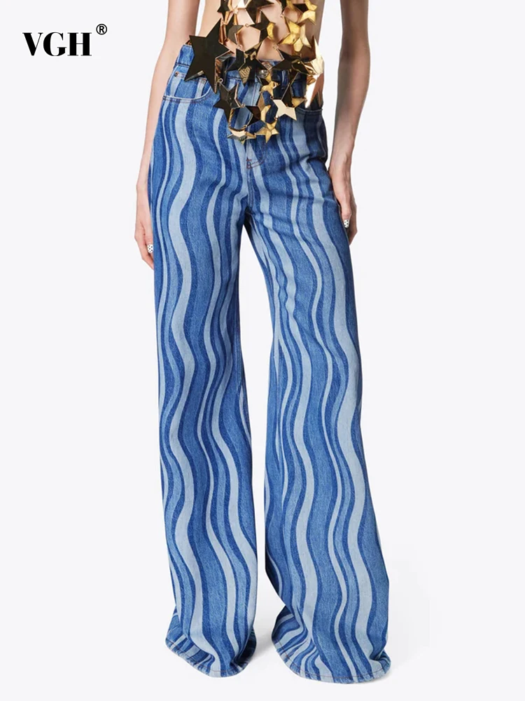 

VGH Hit Color Striped Prnting Denim Pants For Women High Waist Patchwork Pocket Loose Minimalist Full Length Trousers Female New