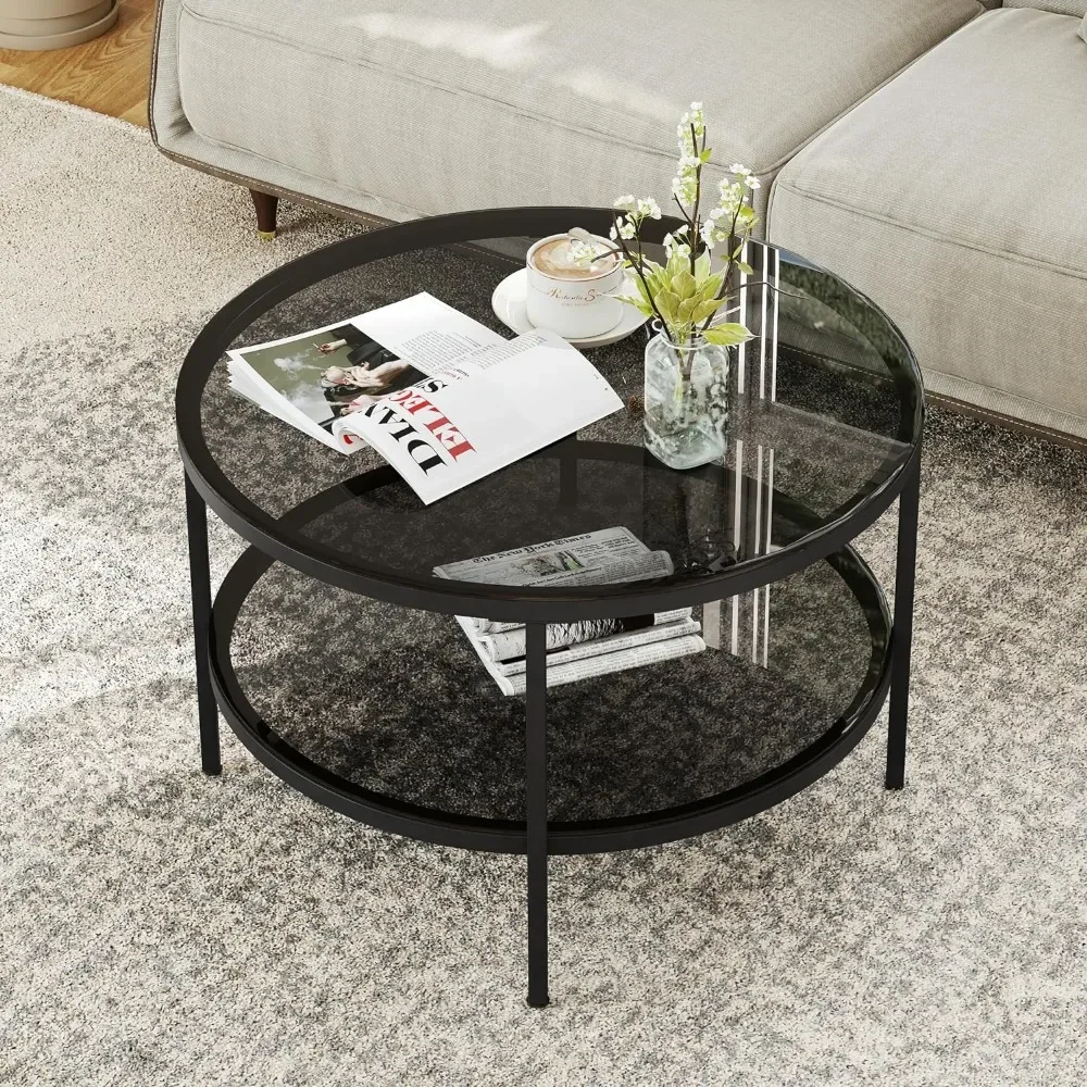 

Round Glass Coffee Tables for Living Room End Table 26.4" Modern Center Accent Table With Light Black Glass Bedroom Freight Free