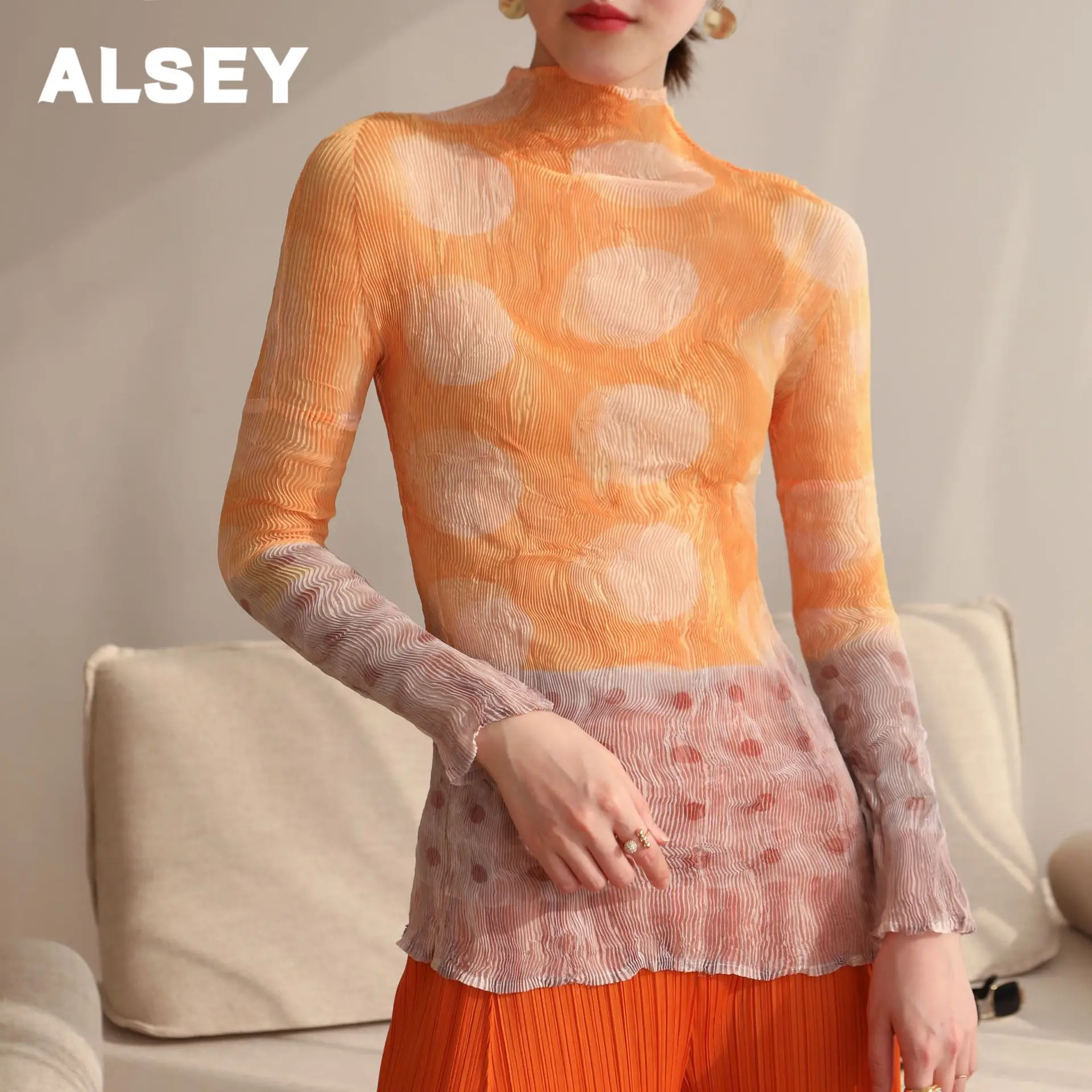 

ALSEY Miyake Pleated High-end Printed Tencel Bottoming Shirt Top Women Spring Fall New Stretch Long-sleeved Slim Thin T-shirt