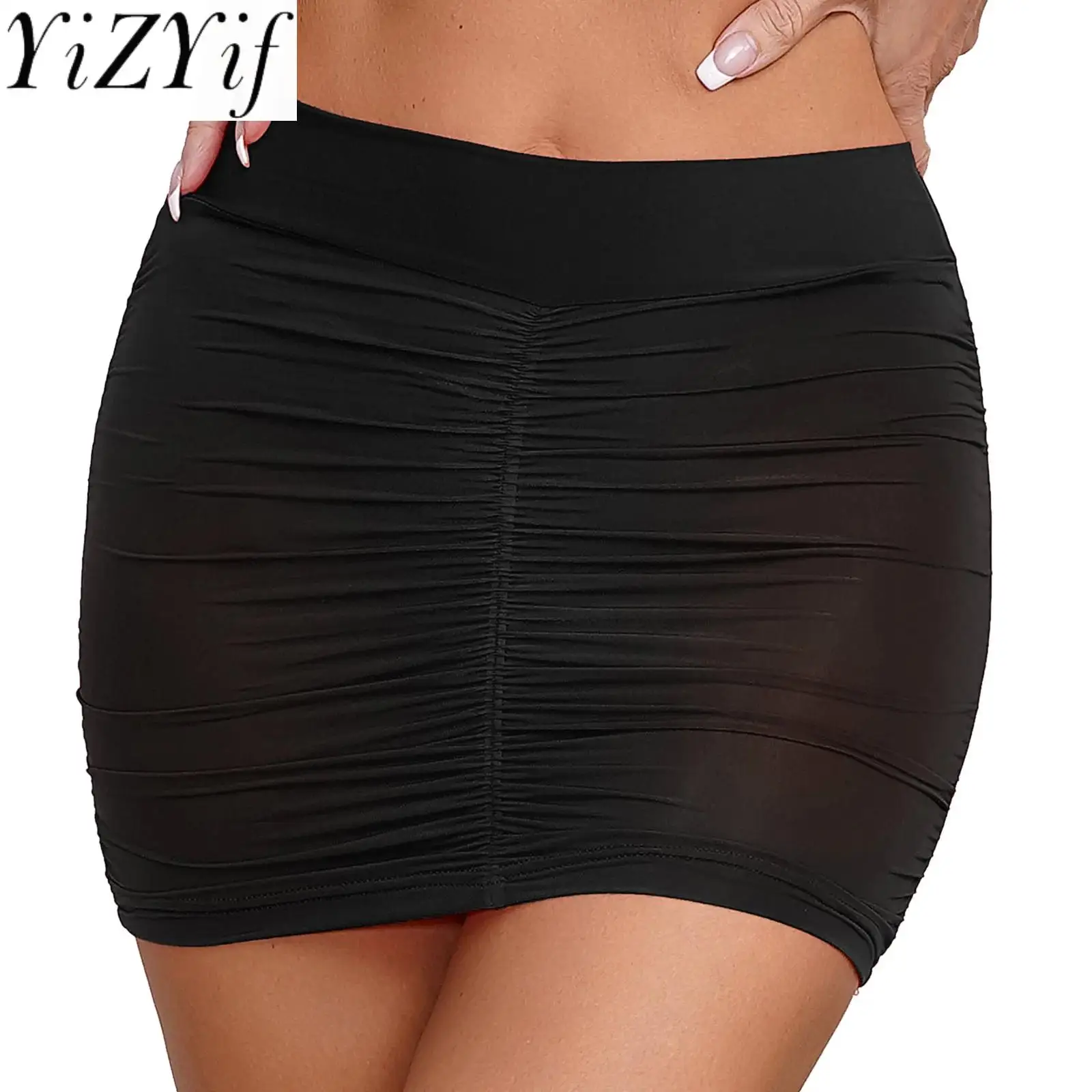 

Womens Ladies Mid Waist Stretchy Shirring Sexy Miniskirt Summer Mini Skirts Elastic Waistband Ruched Skirt for Party Nightclub