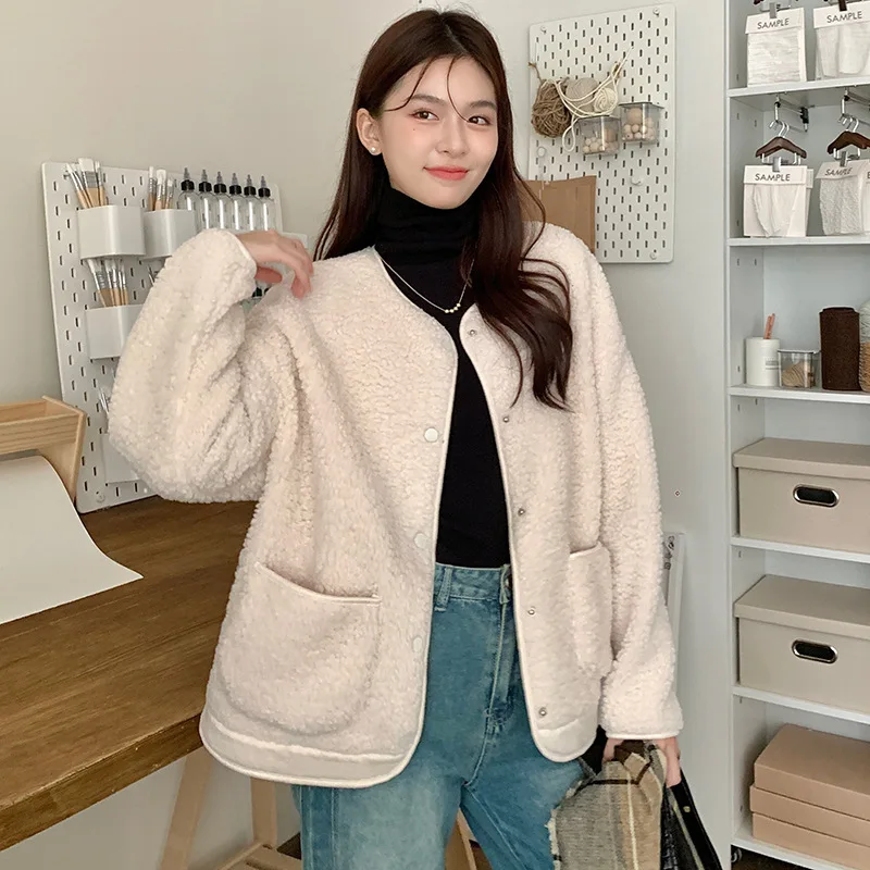 

Autumn and Winter O-neck Lamb Wool Cotton Coat for Women Jackets Single-breasted Feeling Teddy Thick Woolen Cardigan Top Jacket